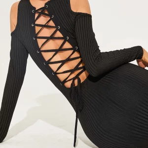 Y2K Punk Gothic Bandage Mini Dress - Ribbed Bodycon with Hollow Out Detail