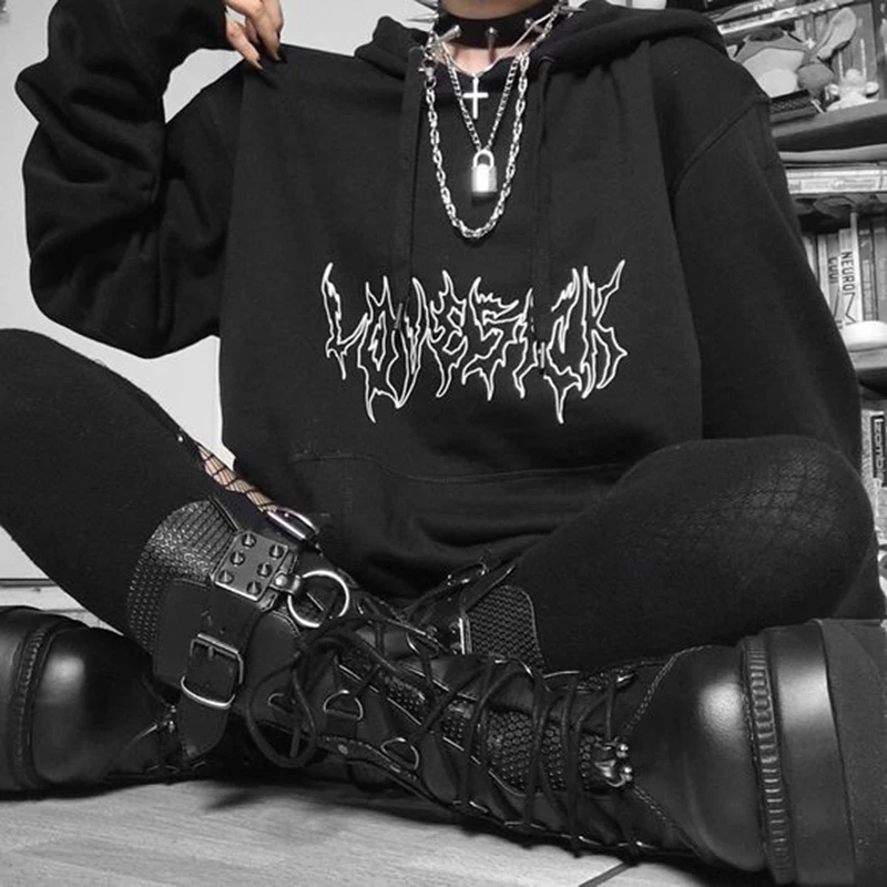 Y2K Punk Gothic Hooded Sweatshirt - Vintage Kpop Streetwear