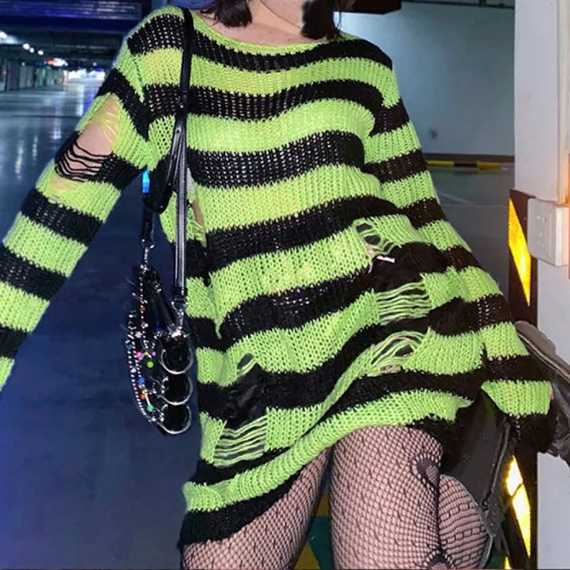 Y2K Punk Gothic Long Sweater Dress with Hollow Out Detail