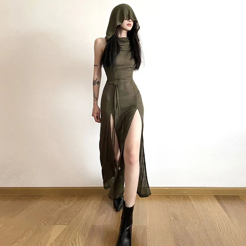 Y2k Punk Grunge Gothic Desert Walker Hooded Dress - Cyber Streetwear