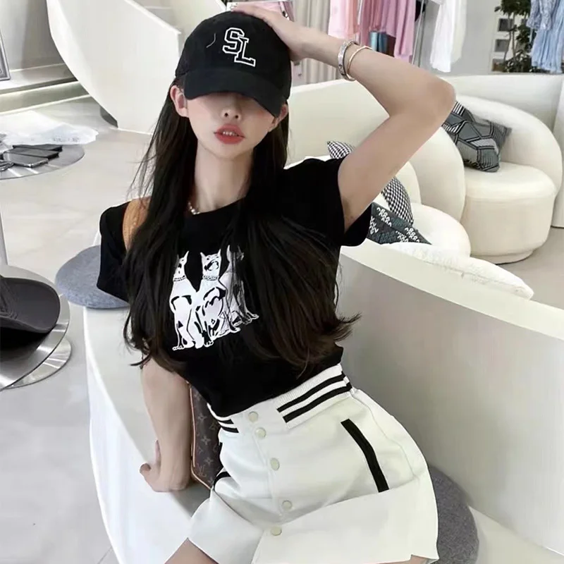 Y2k Punk Grunge Print T-Shirt Women Black Gothic Crop Top Summer Harajuku Skinny Tees