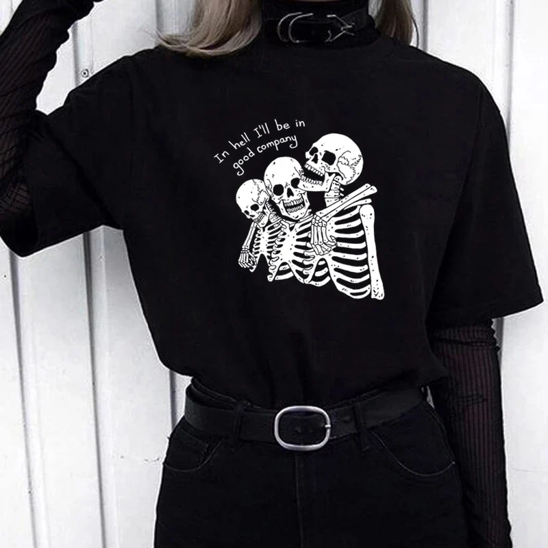 Y2K Punk Skeleton Print Gothic Top - Vintage Streetwear Casual Tee