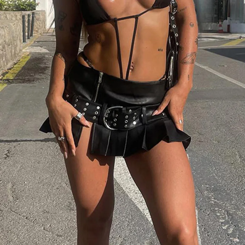 Y2K Punk Streetwear Black Leather A-Line Mini Skirt with Slit & Belt