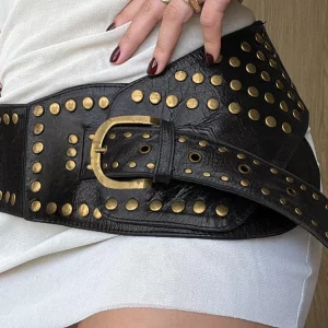 Y2K Punk Style Asymmetric Rivet Leather Belt for Women - Gothic Streetwear PU Waistband