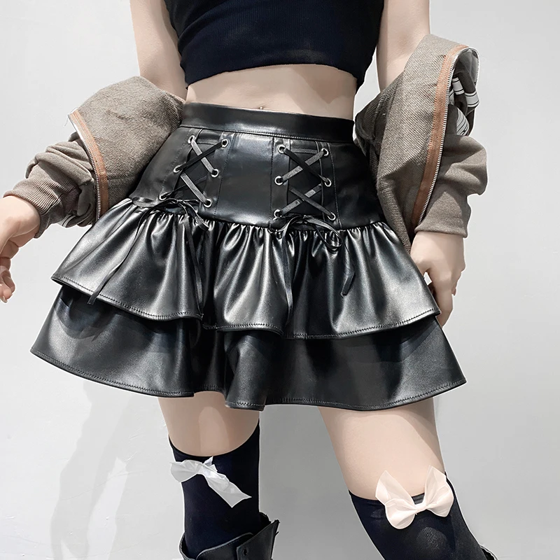 Y2K Punk Style PU Leather Mini Skirt - High Waist Lace-Up Bandage Pleated Streetwear