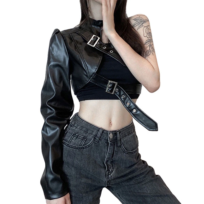 Y2K Punk Style Women's Crop Jacket - Irregular Metal Button One Shoulder Coat