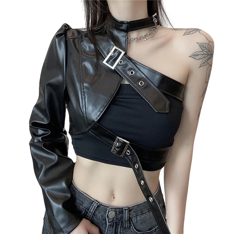 Y2K Punk Style Women's Crop Jacket - Irregular Metal Button One Shoulder Coat