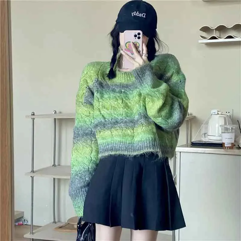 Y2K Rainbow Stripe Tie Dye Knit Short Sweater - Harajuku Streetwear Crop Jumper