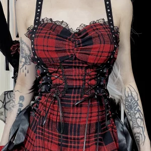 Y2K Red Plaid Lolita Dress Vintage Lace Patchwork Bandage Corset Dress