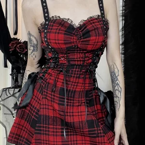 Y2K Red Plaid Lolita Dress Vintage Lace Patchwork Bandage Corset Dress