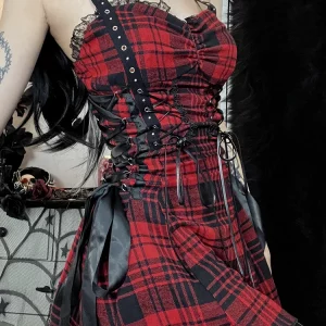 Y2K Red Plaid Lolita Dress Vintage Lace Patchwork Bandage Corset Dress