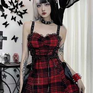 Y2K Red Plaid Lolita Dress Vintage Lace Patchwork Bandage Corset Dress