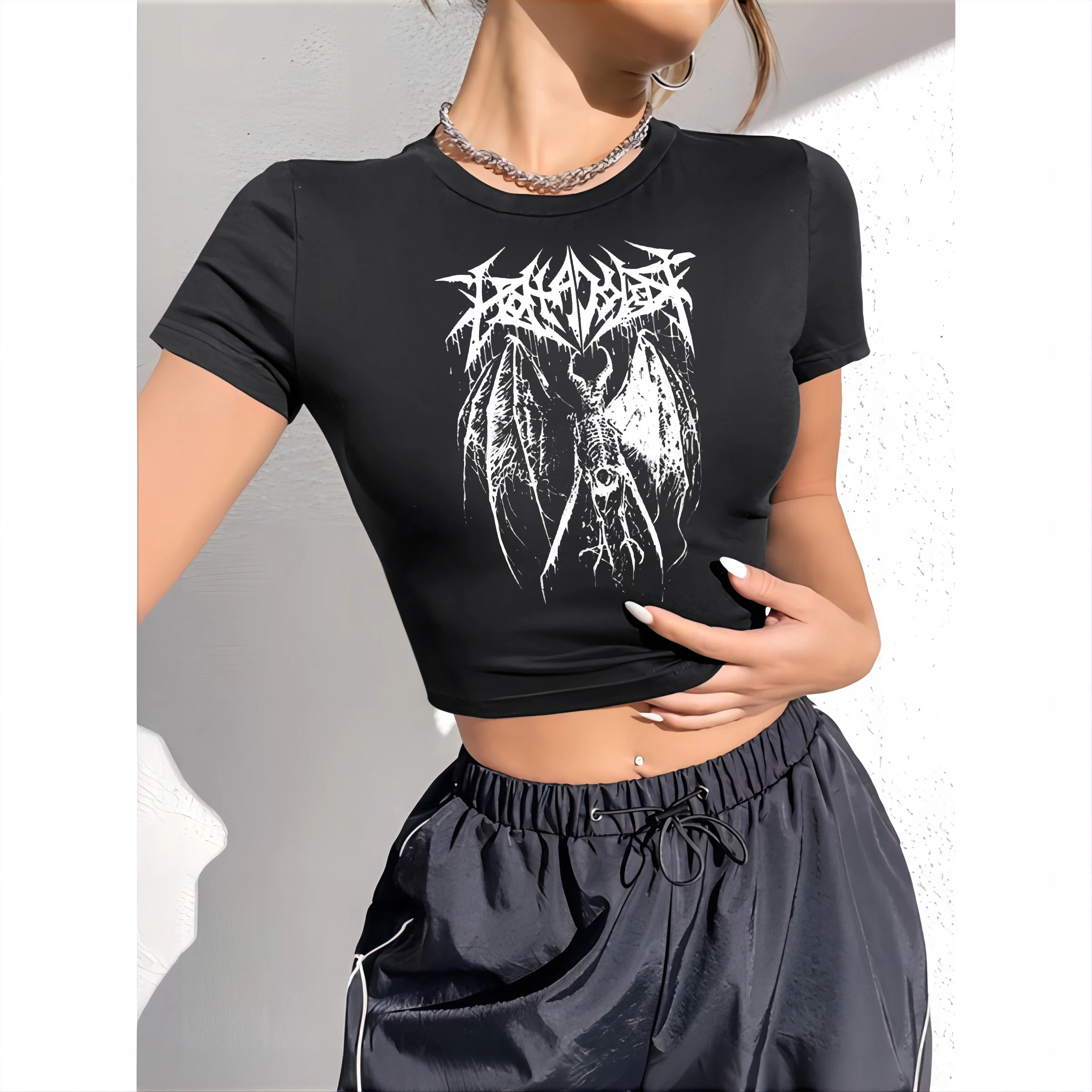 Y2K Retro Black Devil Punk Gothic Women's Round Neck T-shirt