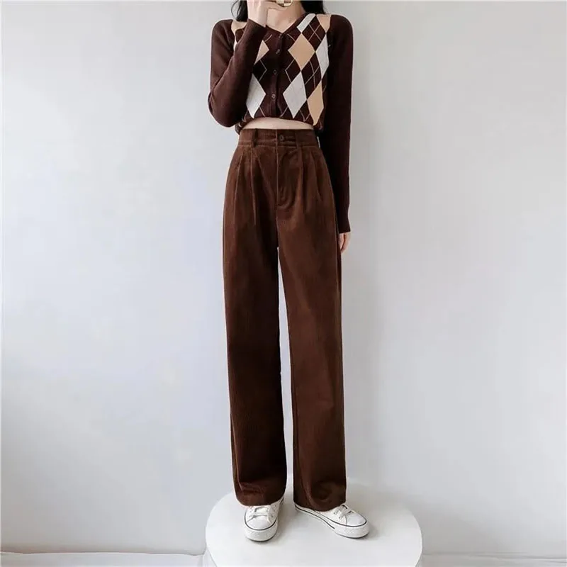 Y2K Retro Corduroy High Waist Wide Leg Pants - Grunge Style Casual Trousers