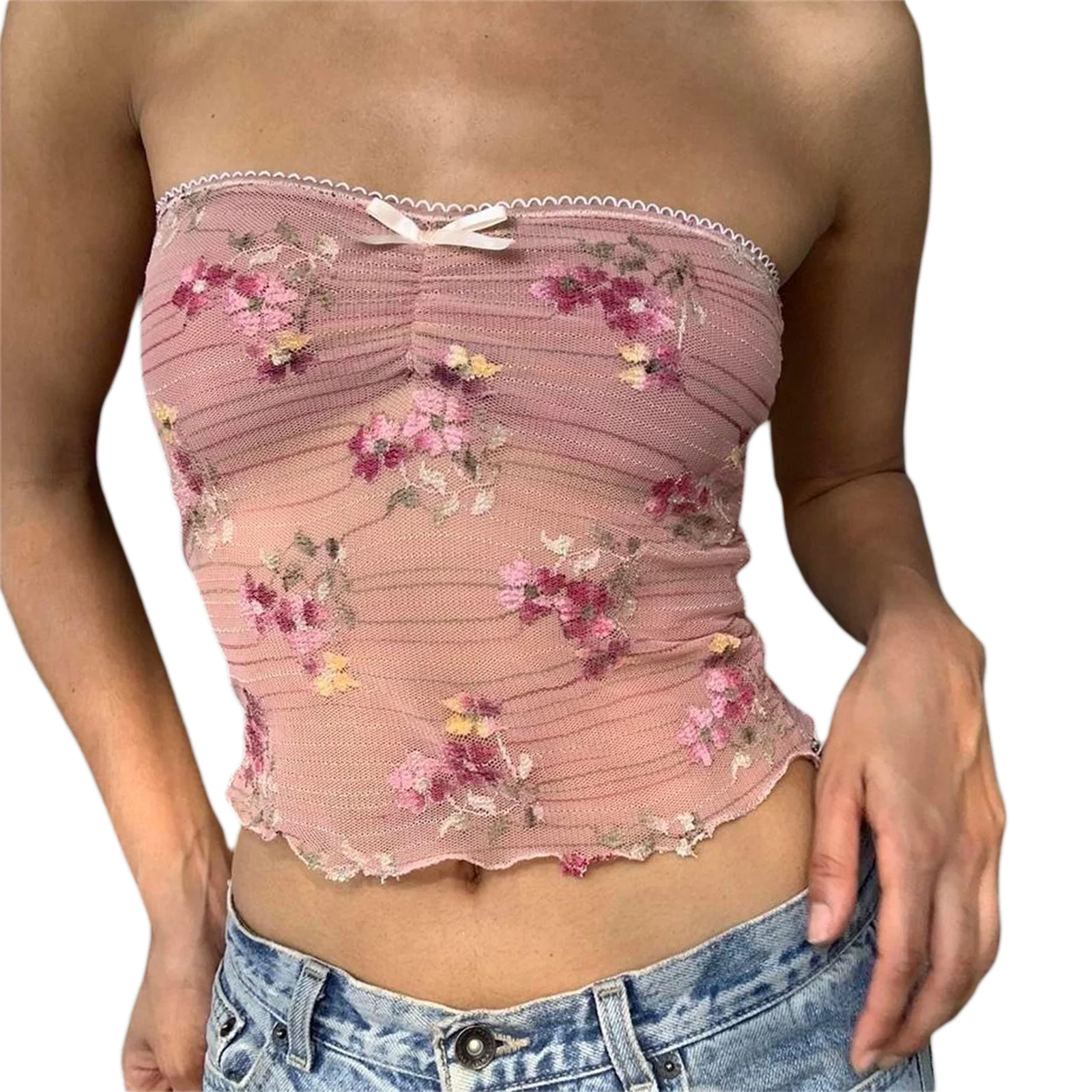 Y2K Retro Flower Embroidered Bandeau Tube Top - Summer Chic Crop Top