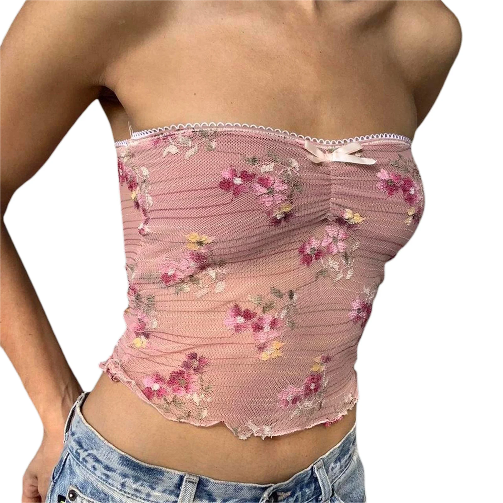 Y2K Retro Flower Embroidered Bandeau Tube Top - Summer Chic Crop Top