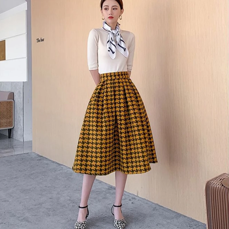 Y2K Retro High-Waist Houndstooth Woolen Skirt Autumn Winter