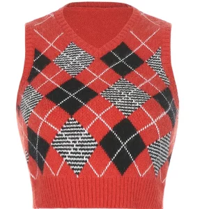 Y2K Retro Knit Argyle Waistcoat - V-Neck Sleeveless Sweater