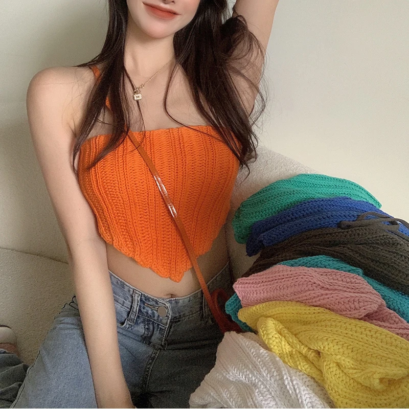 Y2K Retro Knit Bandeau Crop Top - Summer Holiday Strapless Solid Color Hanky Hem Tube Top