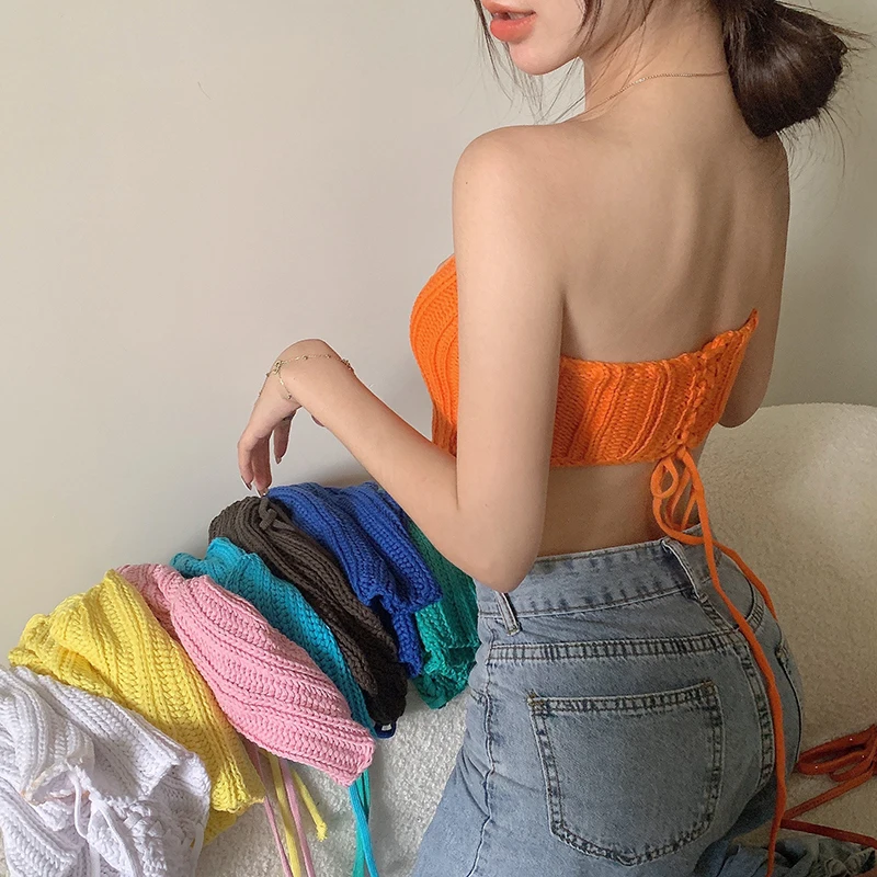 Y2K Retro Knit Bandeau Crop Top - Summer Holiday Strapless Solid Color Hanky Hem Tube Top