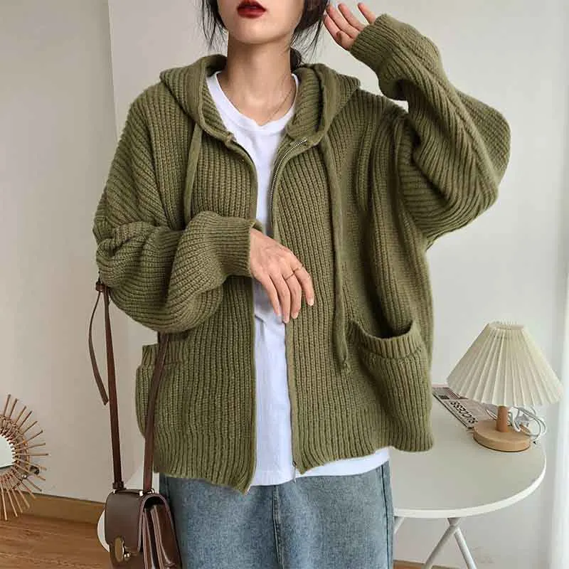 Y2K Retro Knitted Hooded Cardigan: Autumn Loose Zipper Sweater Coat