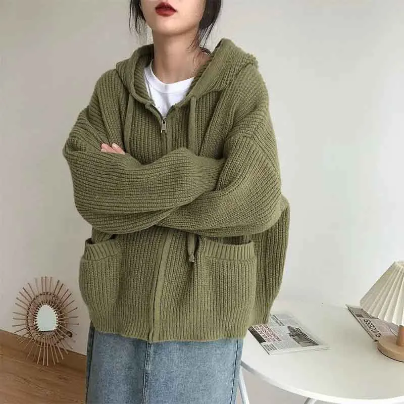 Y2K Retro Knitted Hooded Cardigan: Autumn Loose Zipper Sweater Coat