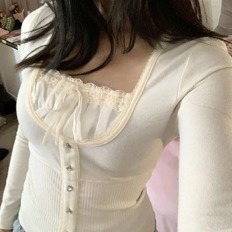 Y2K Retro Lace Patchwork Cotton Top - Korean Style Square Collar T-Shirt