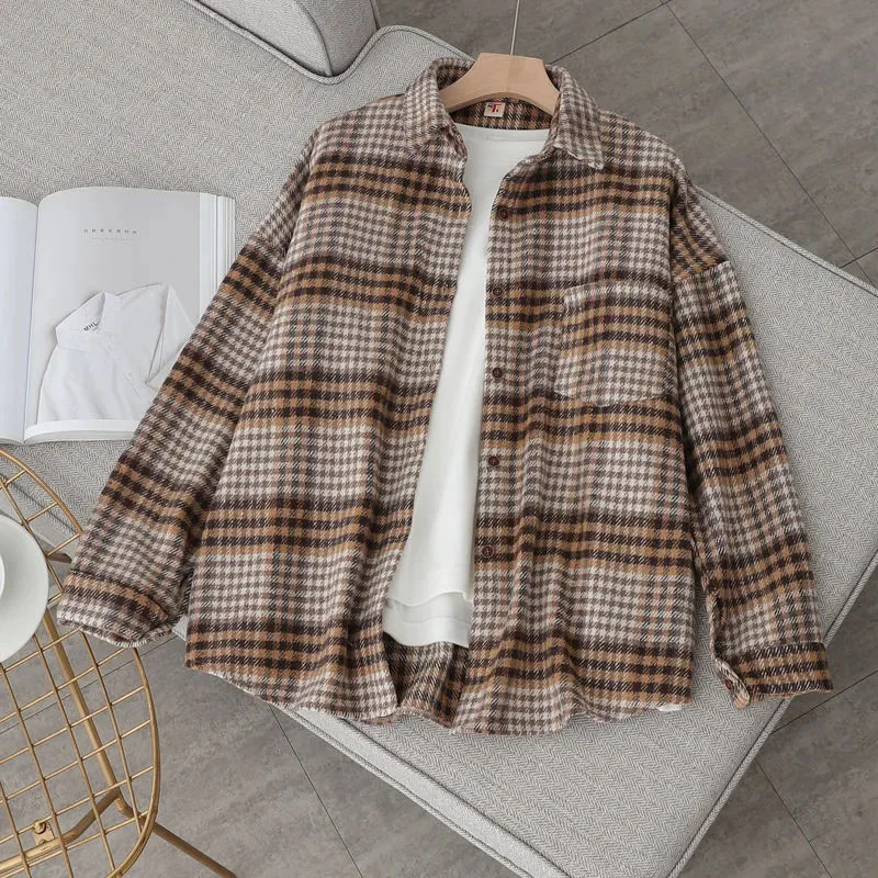 Y2K Retro Plaid Shirt - Loose Fit Turndown Collar Casual Blouse