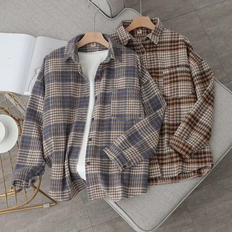 Y2K Retro Plaid Shirt - Loose Fit Turndown Collar Casual Blouse