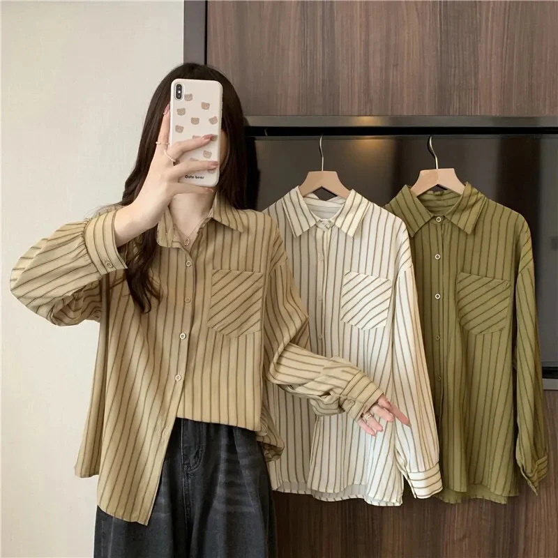 Y2K Retro Striped Chiffon Blouse - Loose Fit Button-Up Top for Women