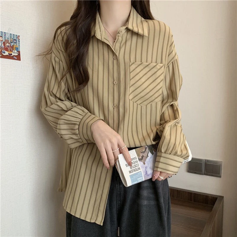 Y2K Retro Striped Chiffon Blouse - Loose Fit Button-Up Top for Women