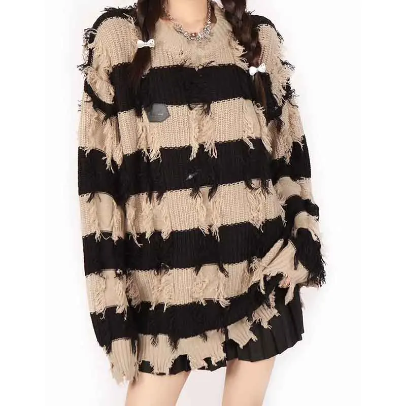 Y2K Retro Stripes Sweater: Korean Long Sleeve Tassel Pullover