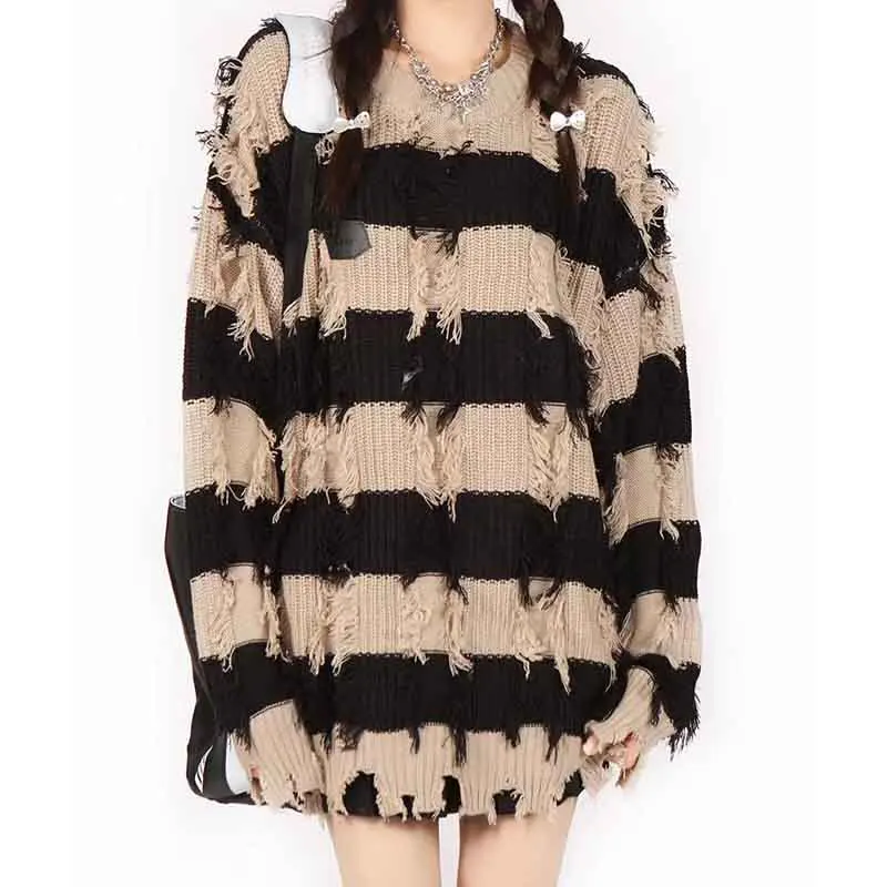 Y2K Retro Stripes Sweater: Korean Long Sleeve Tassel Pullover