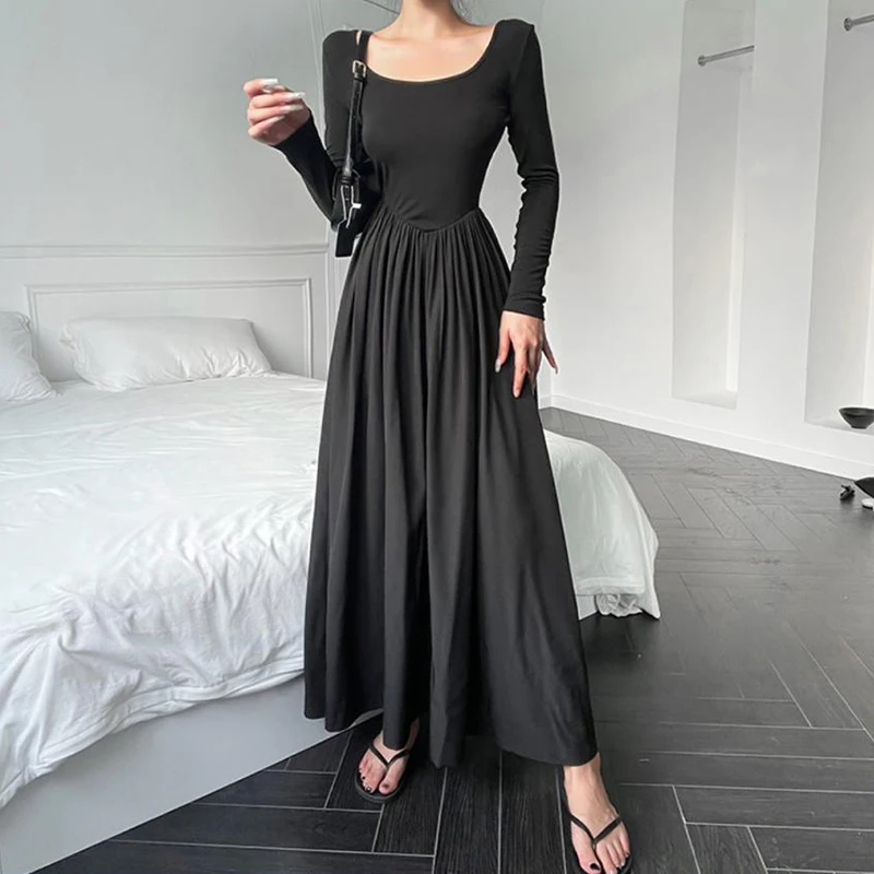 Y2K Retro Style Grunge A-Line Midi Dress - High Waist Elastic Pleated Summer Outfit