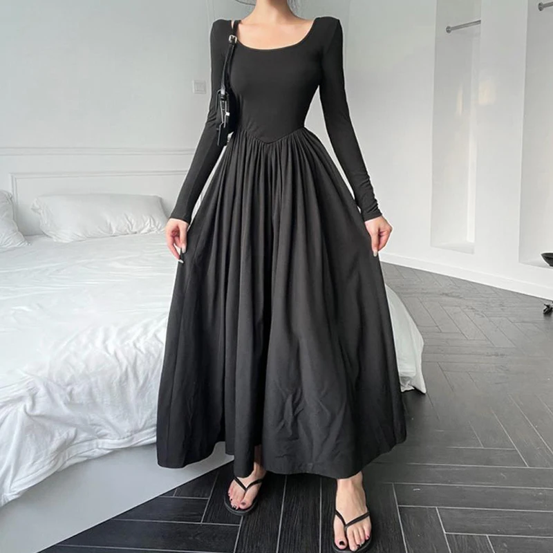 Y2K Retro Style Grunge A-Line Midi Dress - High Waist Elastic Pleated Summer Outfit