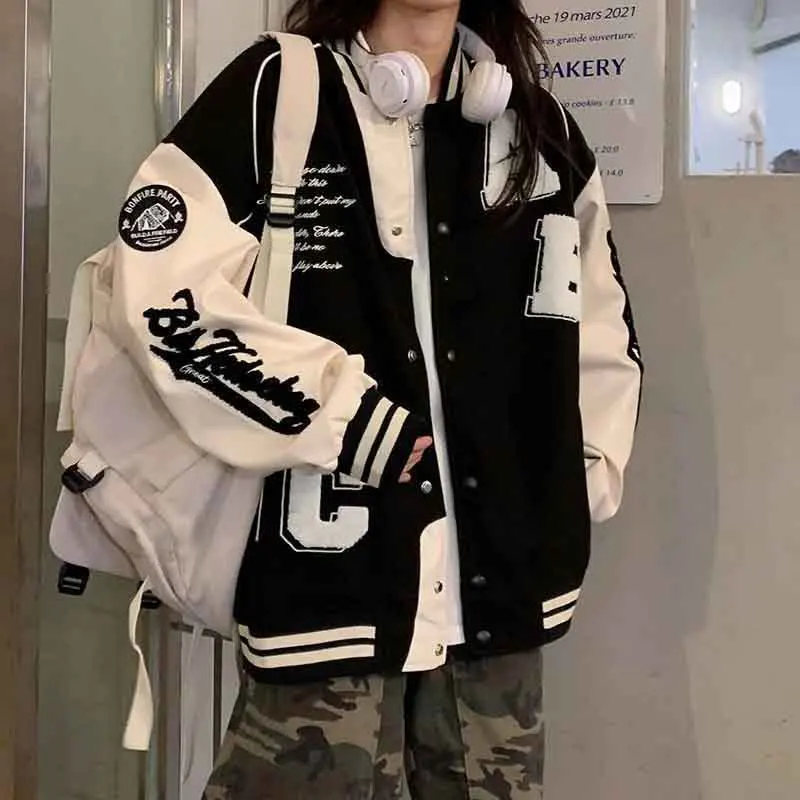 Y2K Retro Style Oversized Baseball Jacket - Casual Bomber Coat