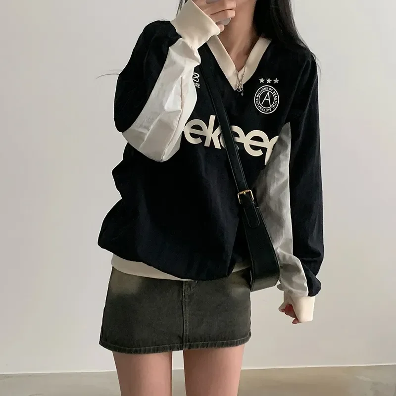 Y2K Retro Style V-Neck Hoodie: American Casual Loose Fit Baseball Top