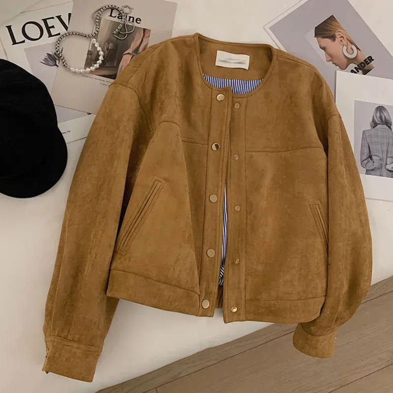 Y2K Retro Suede Short Jacket - Harajuku Style Solid Color Loose Coat