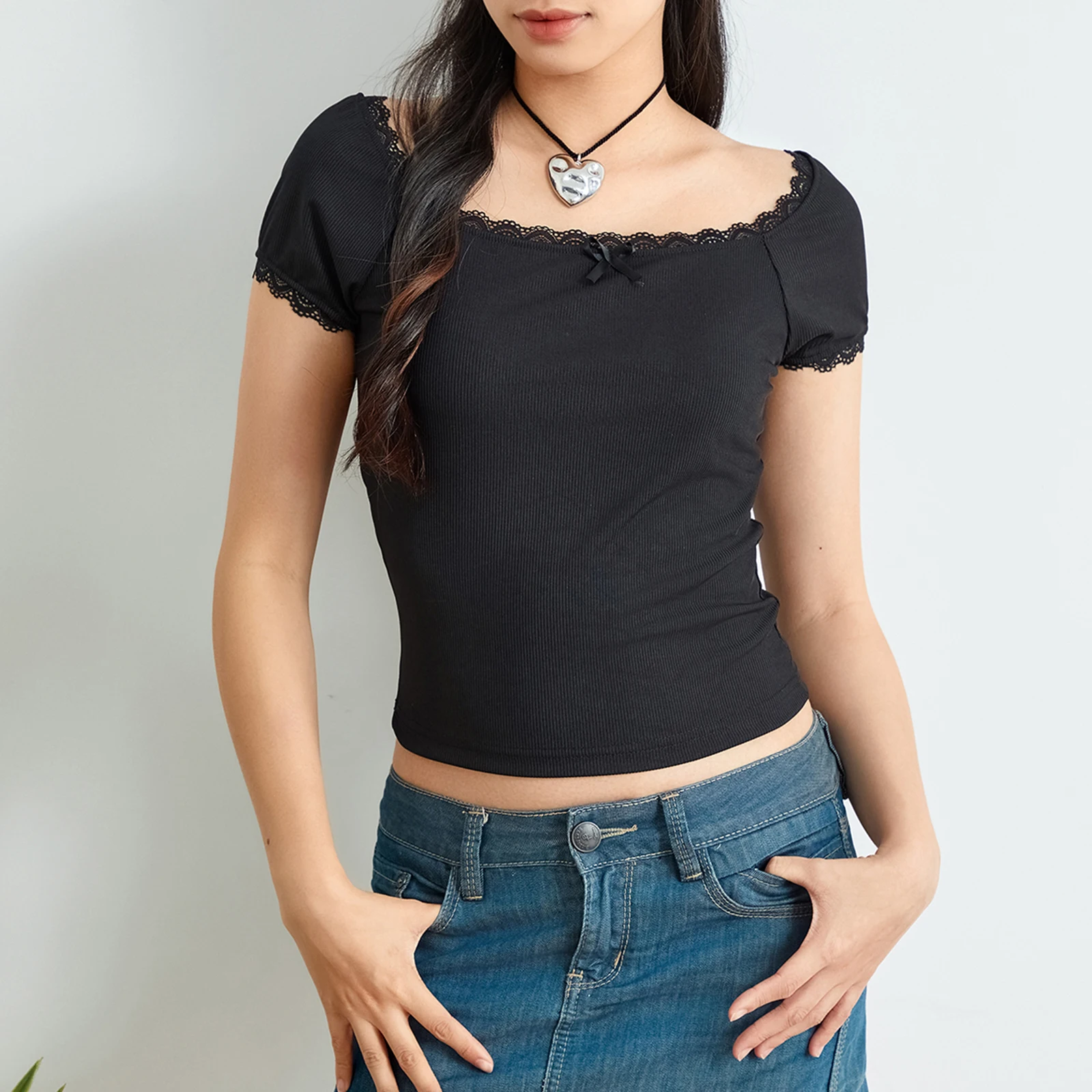 Y2k Retro Summer Short Sleeve T-Shirts with Lace Trim - U Neck Bow Crop Tops