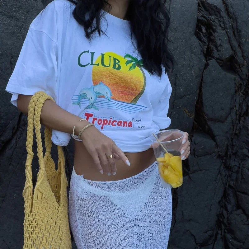 Y2K Retro Tropical Beach Oversized T-Shirt - Vintage Summer Aesthetic Tee