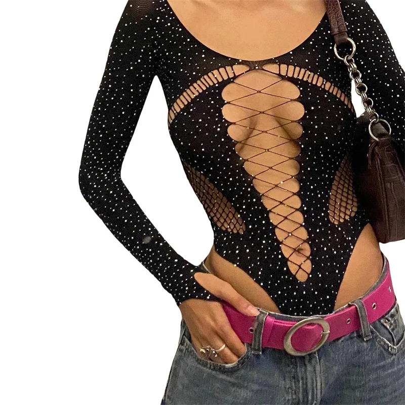 Y2K Rhinestone Bodysuit: Sexy Off-Shoulder Hollow Out Jumpsuit