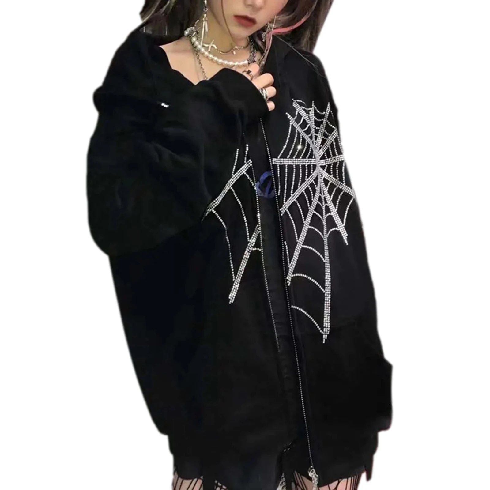 Y2k Rhinestone Hoodie: Harajuku Spider Web Zipper Cardigan