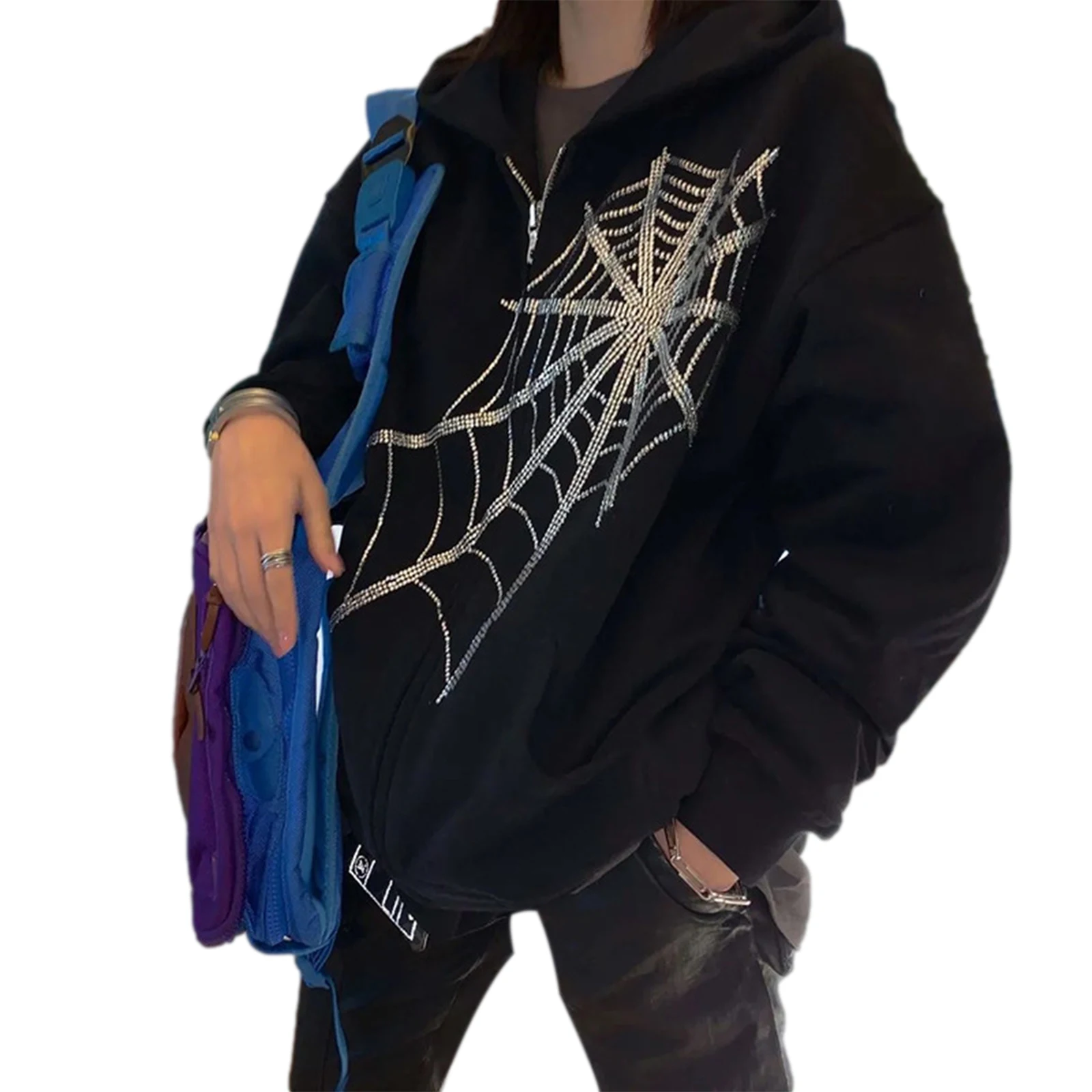 Y2k Rhinestone Hoodie: Harajuku Spider Web Zipper Cardigan