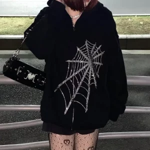 Y2k Rhinestone Hoodie: Harajuku Spider Web Zipper Cardigan