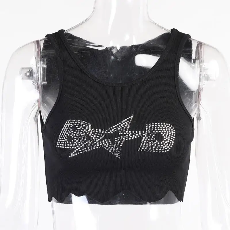 Y2K Rhinestone Sleeveless Tank Top: Irregular Cut High Street Fashion Tight Fit Retro Style