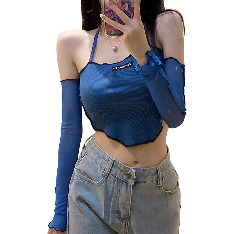 Y2K Ribbed Crop Top: Off-Shoulder Long Sleeve Halter T-Shirt