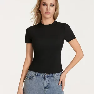 Y2K Ribbed Crop Top with Lettuce Trim - Short Sleeve Slim Fit Tee