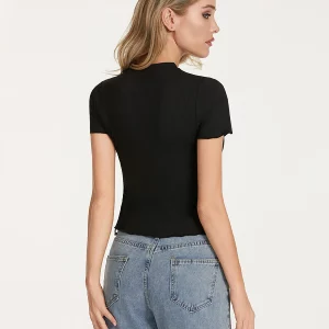 Y2K Ribbed Crop Top with Lettuce Trim - Short Sleeve Slim Fit Tee