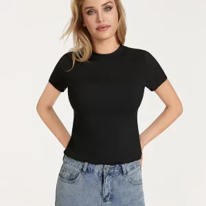 Y2K Ribbed Crop Top with Lettuce Trim - Short Sleeve Slim Fit Tee