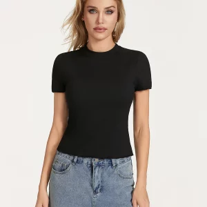 Y2K Ribbed Crop Top with Lettuce Trim - Short Sleeve Slim Fit Tee